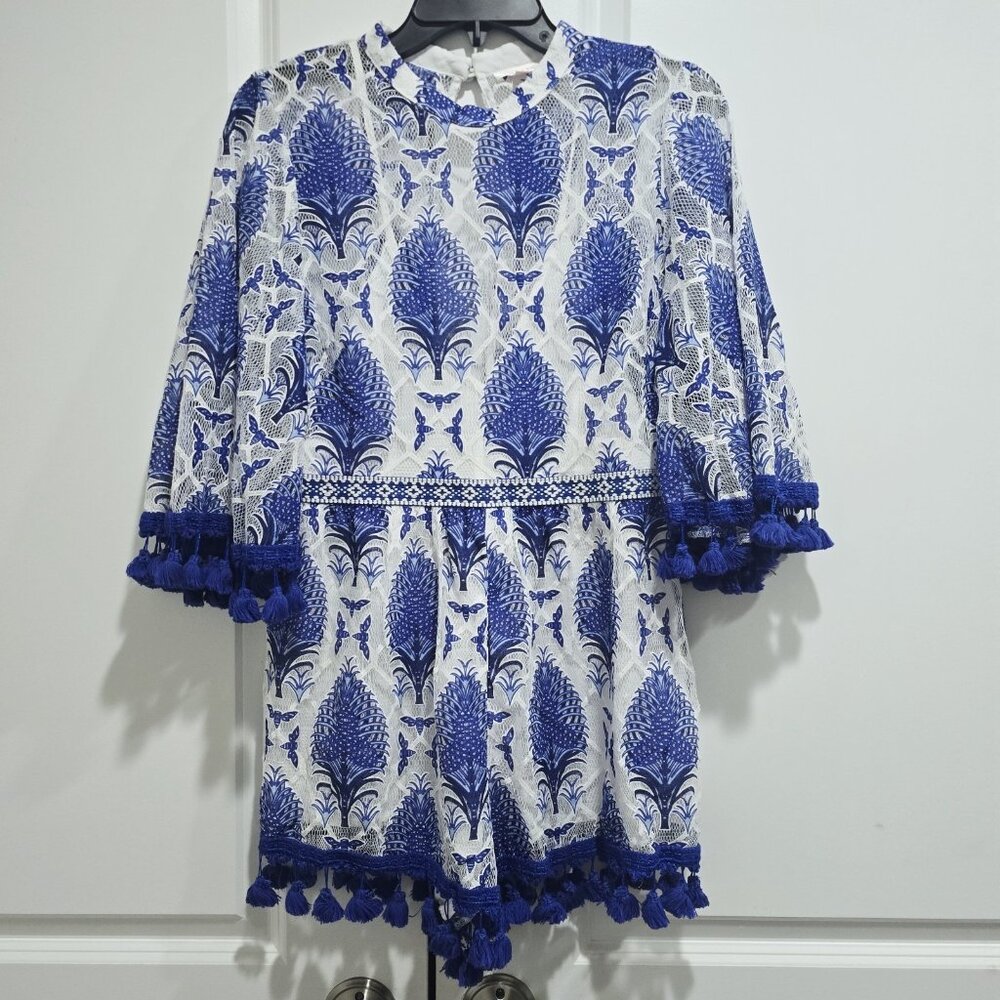 LUXXEL - M Blue & White Boho‎ Tassel Romper Floral Print Festival Resort